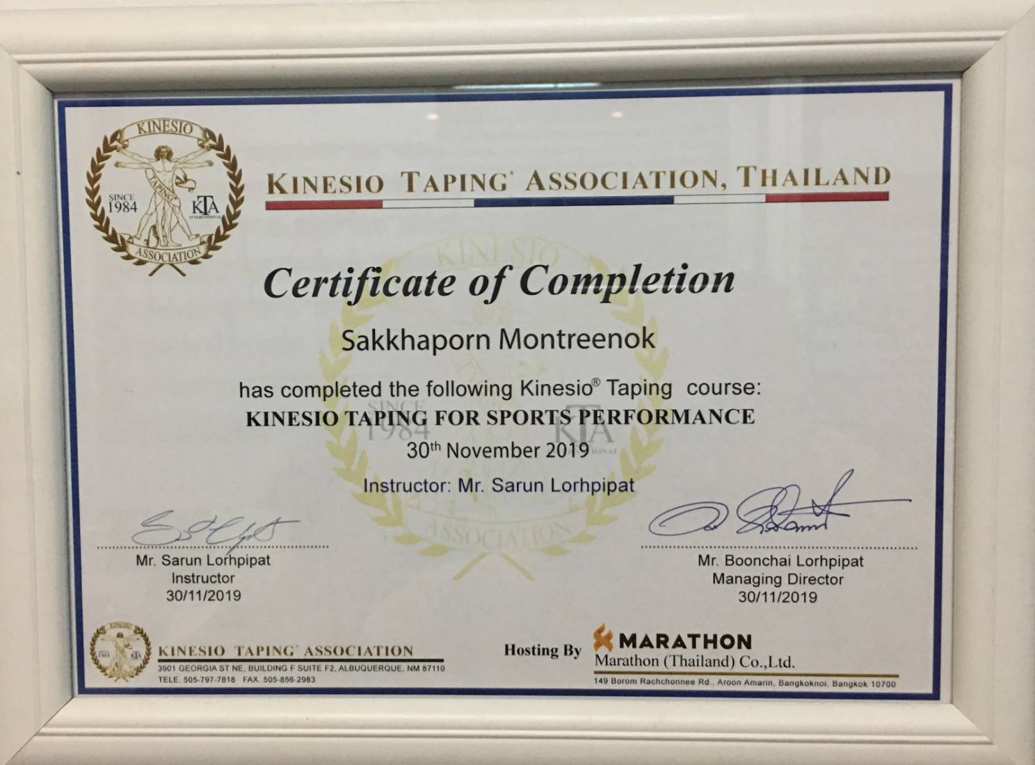 KINESIO TAPING' ASSOCIATION, THAILAND Certificate of Completion